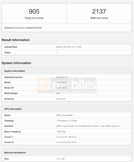 Geekbench认证页面显示，iQOO Z7x全球版单核测试得分905分