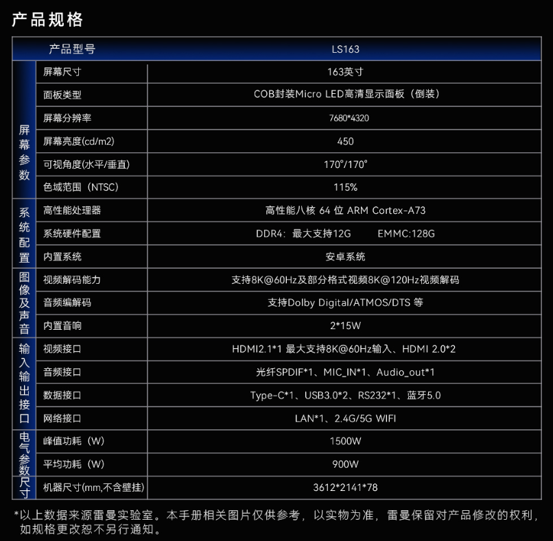 雷曼 8K 163 英寸 MicroLED 巨幕开启 50 元预售：搭载海思芯片，首发价 168 万元