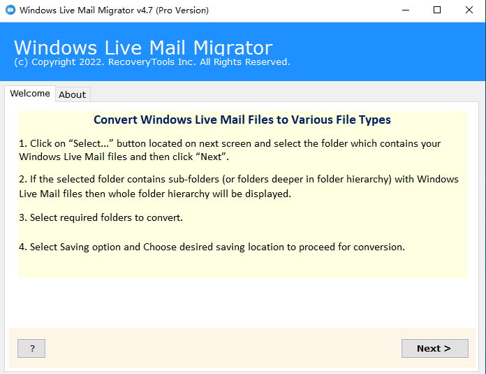 RecoveryTools Windows Live Mail Migrator v4.7.0 注册版