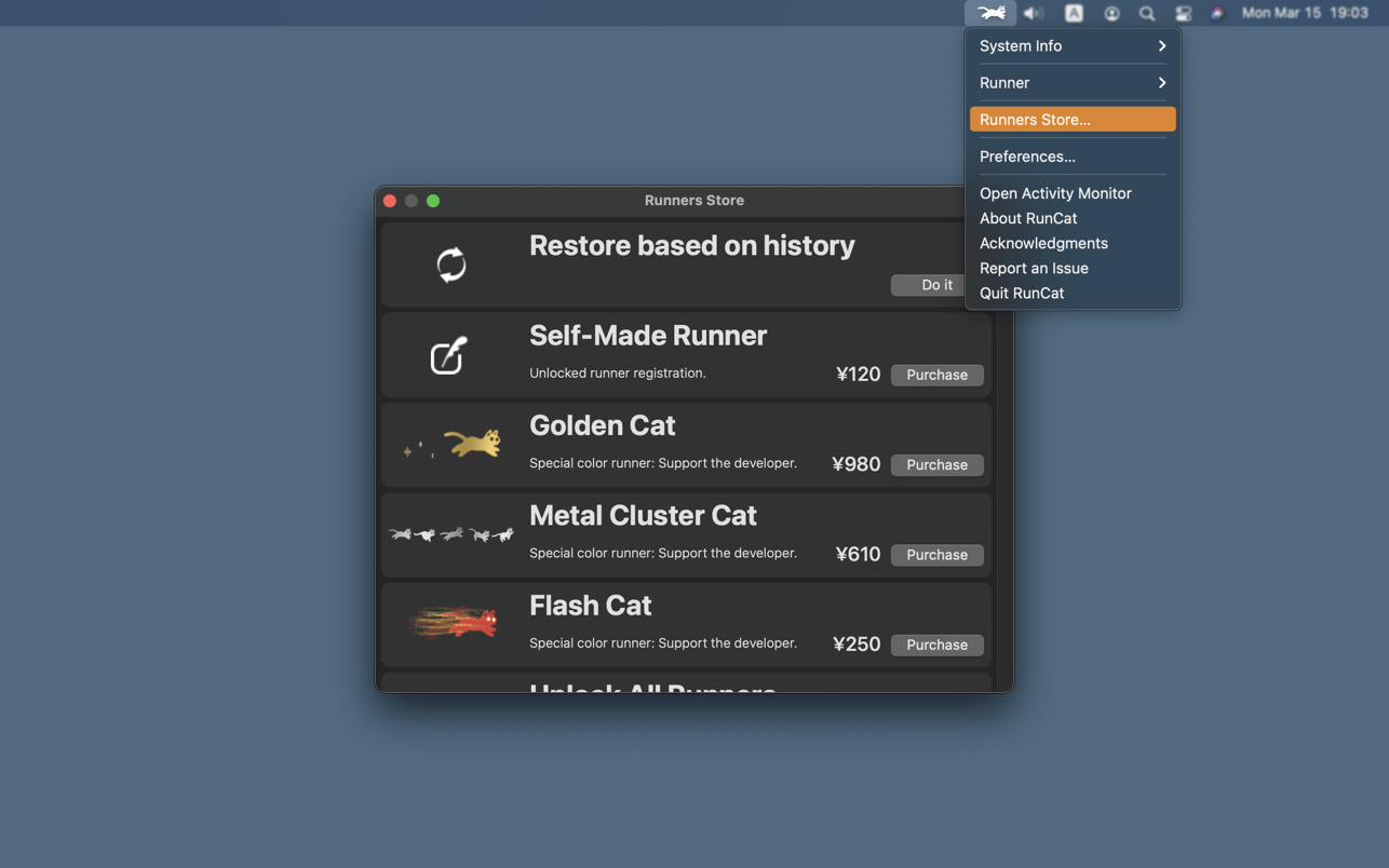 RunCat 9.7 Mac的菜单栏中养猫下载